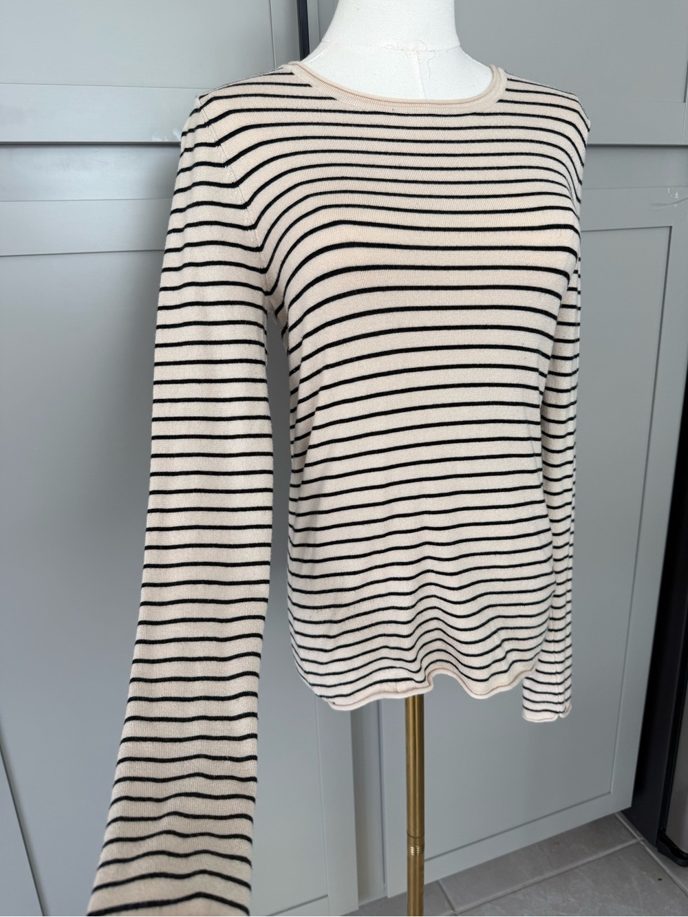 Ell and Emm Cream Black Striped Knit Long Sleeve Top Size M